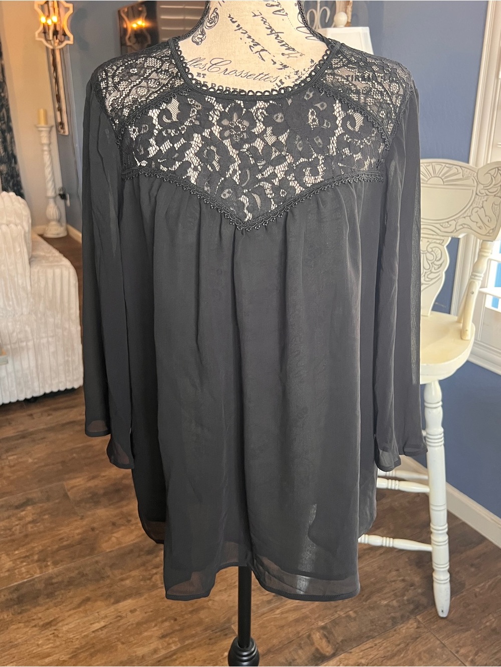 torrid Black Lace Yoke Chiffon Blouse flare sleeves